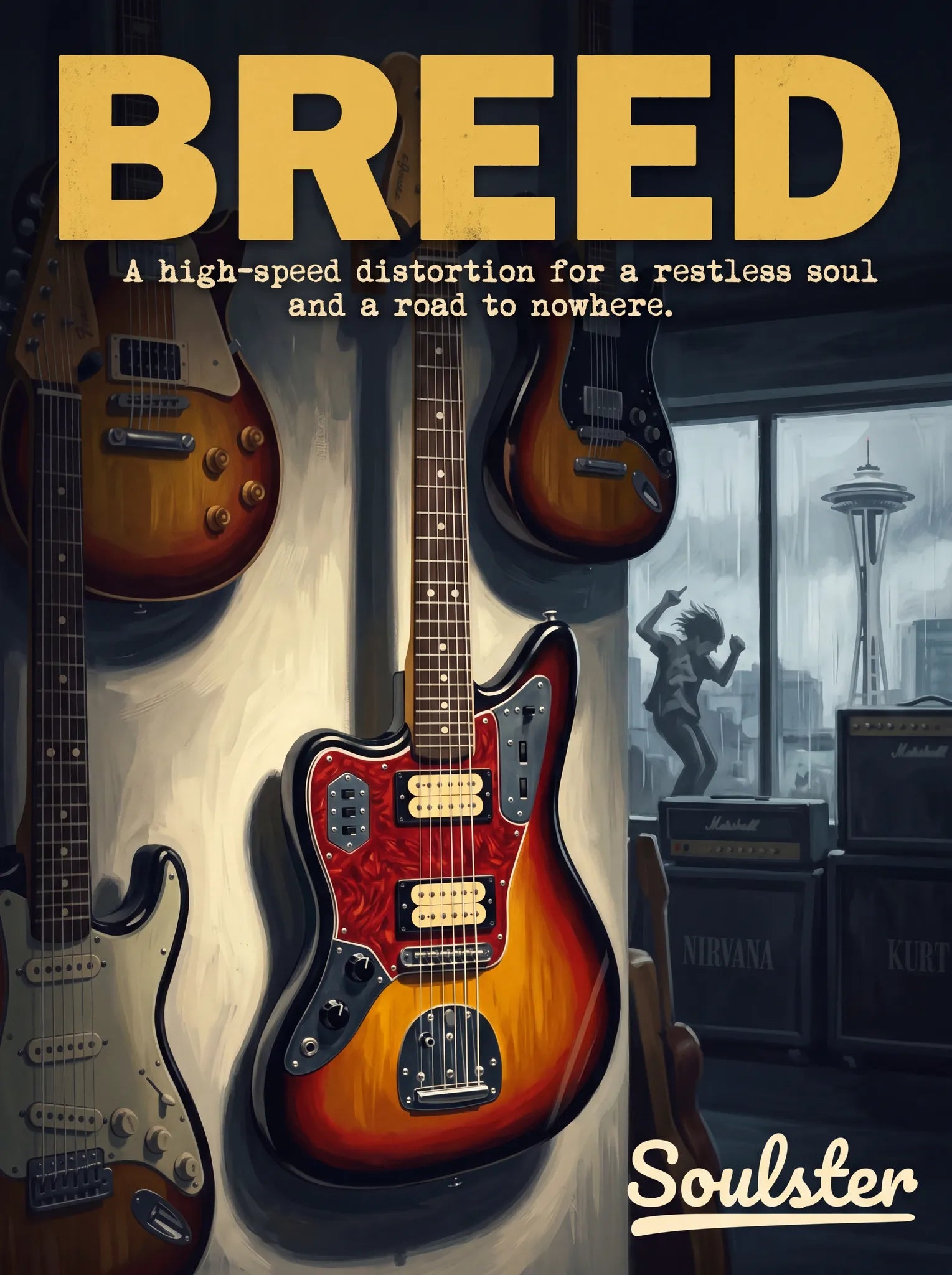 Soulster Manchester Edition wall art print showing a cinematic pulp style design of a Vintage Guitar inspired by Breed - Seattle.