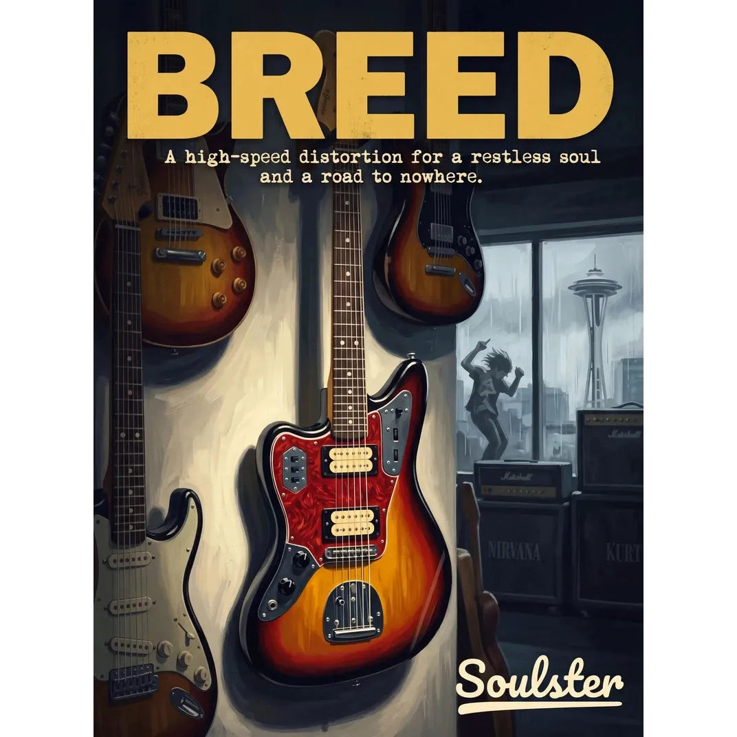 Soulster Manchester Edition wall art print showing a cinematic pulp style design of a Vintage Guitar inspired by Breed - Seattle.