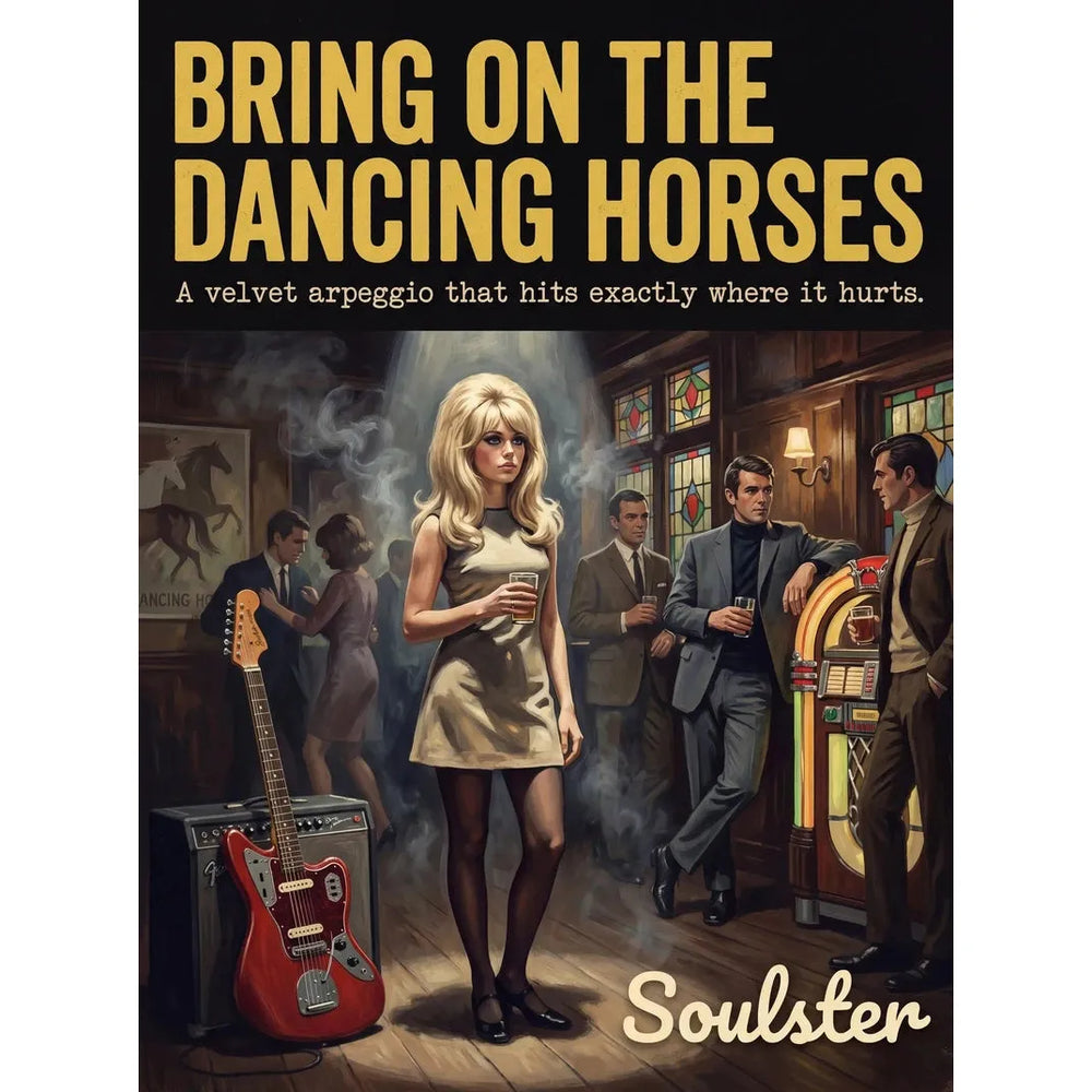 Soulster cinematic vintage pulp book cover art print illustration styled in a classic 1960s design layout inspired by Bring On The Dancing Horses.