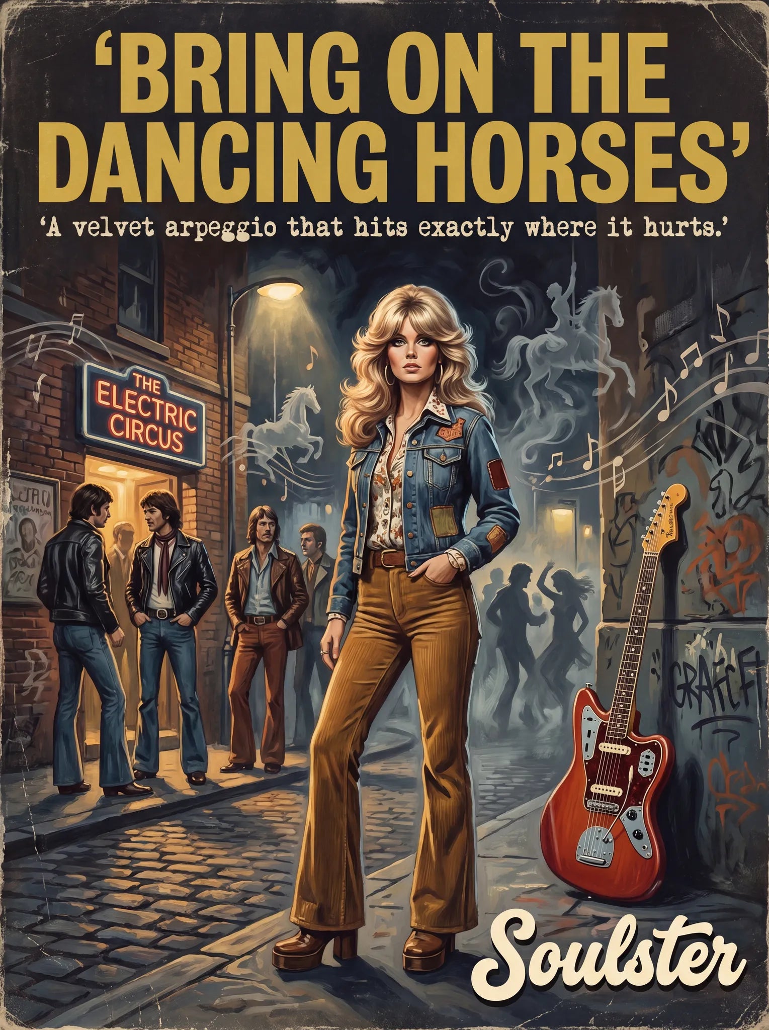 Soulster cinematic vintage pulp book cover art print illustration styled in a classic 1970s design layout inspired by Bring On The Dancing Horses.