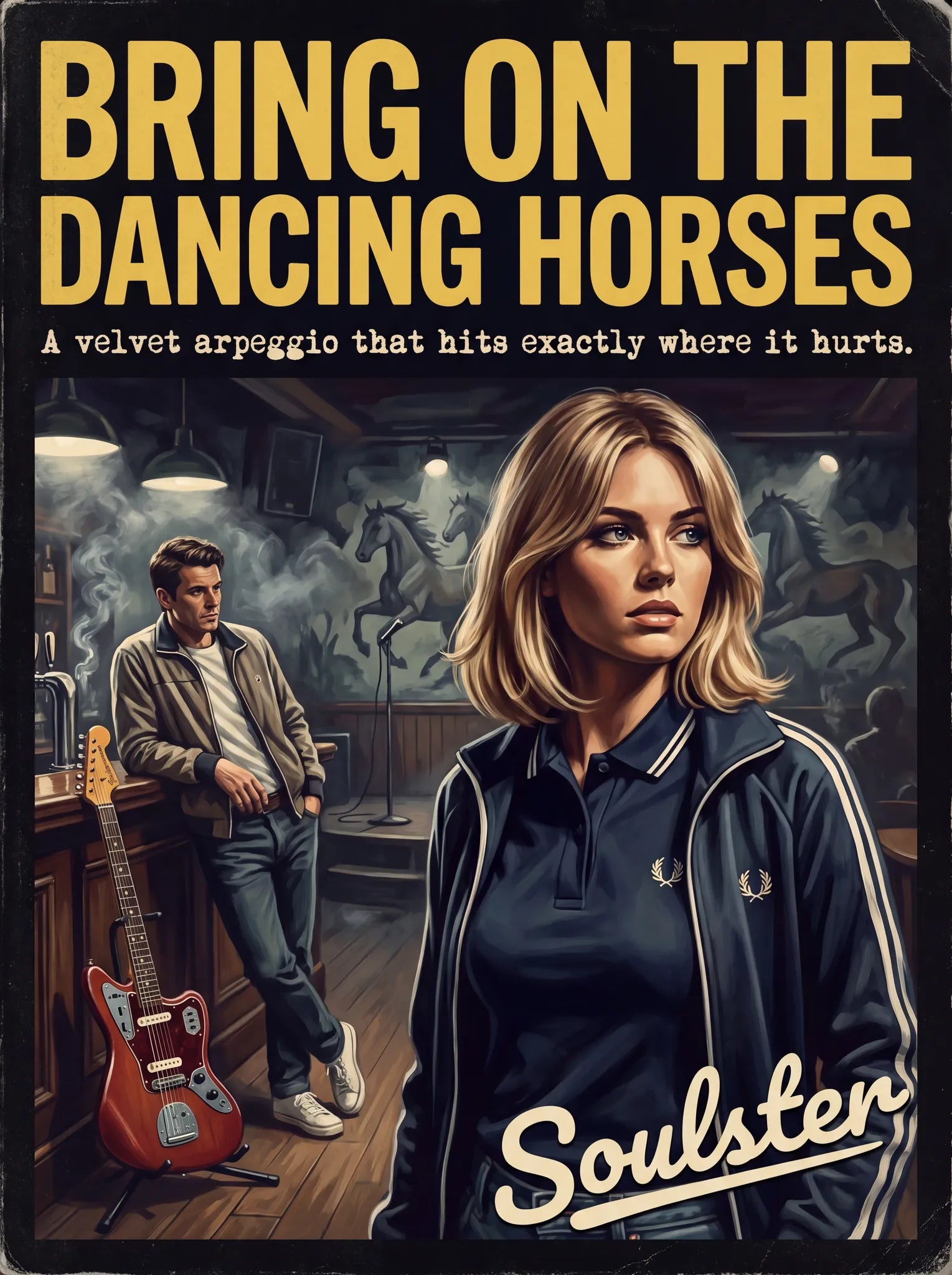 Soulster retro pulp thriller book cover style art print illustration inspired by Alternative Indie - Bring On The Dancing Horses.