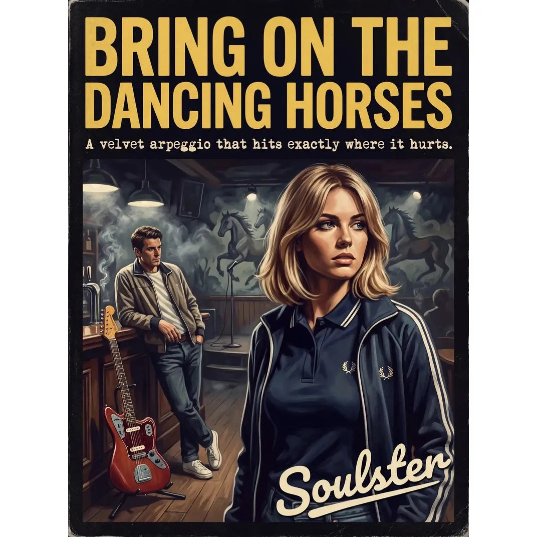 Soulster retro pulp thriller book cover style art print illustration inspired by Alternative Indie - Bring On The Dancing Horses.