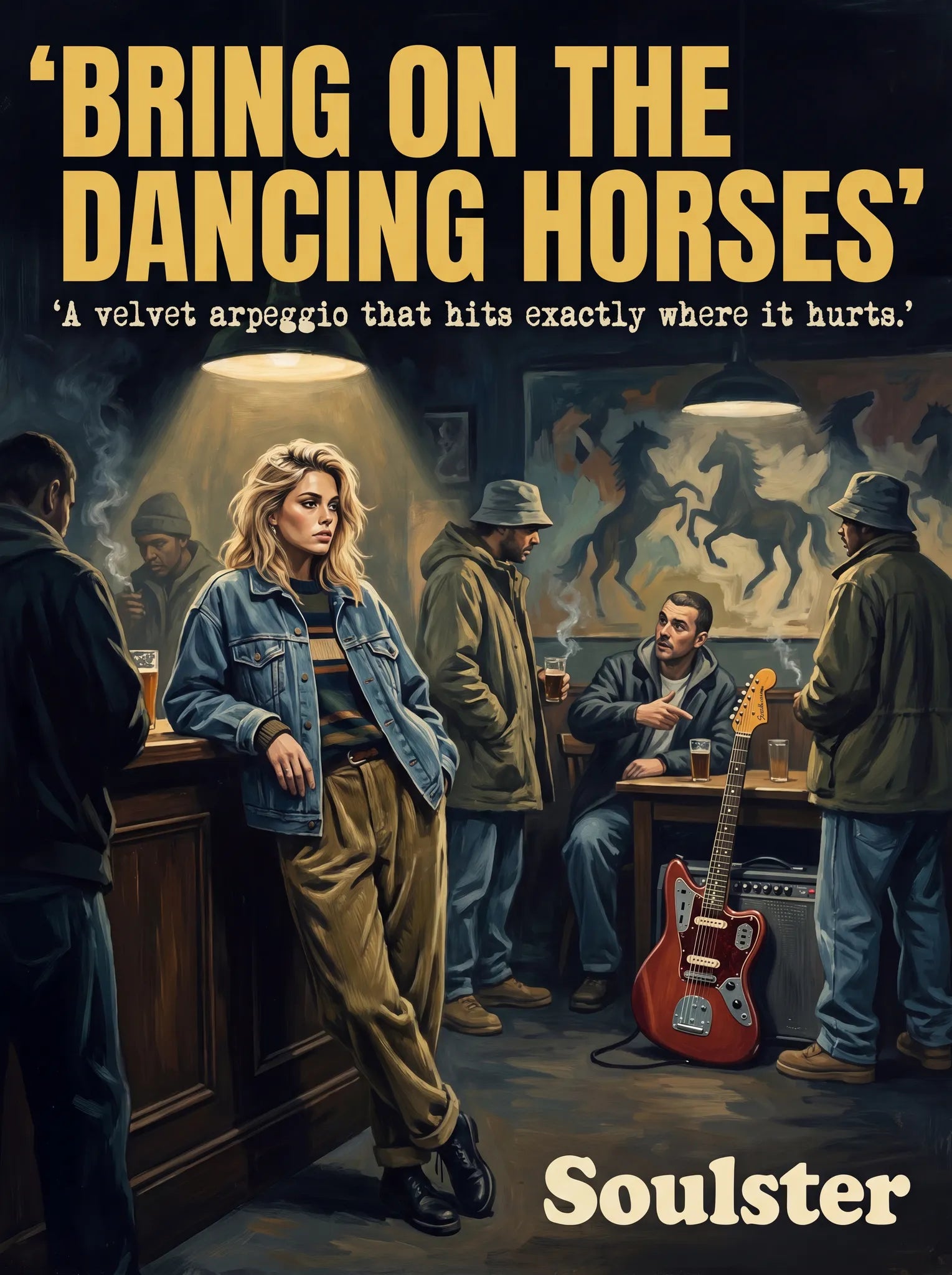 Soulster cinematic vintage pulp book cover art print illustration styled in a classic 1990s design layout inspired by Bring On The Dancing Horses.