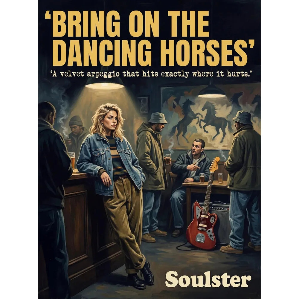 Soulster cinematic vintage pulp book cover art print illustration styled in a classic 1990s design layout inspired by Bring On The Dancing Horses.