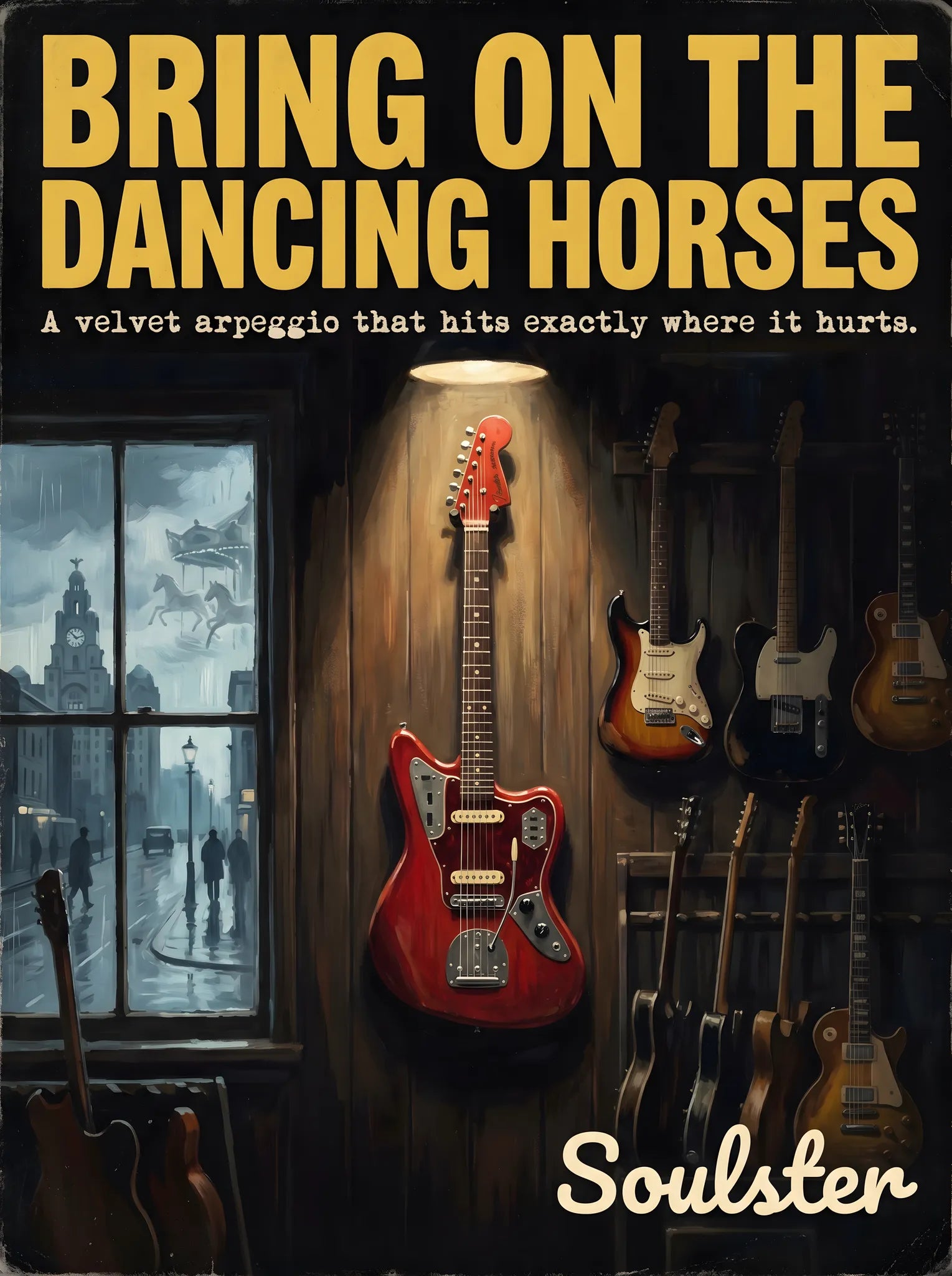 Soulster Manchester Edition wall art print showing a cinematic pulp style design of a Vintage Guitar inspired by Bring On The Dancing Horses - Liverpool.