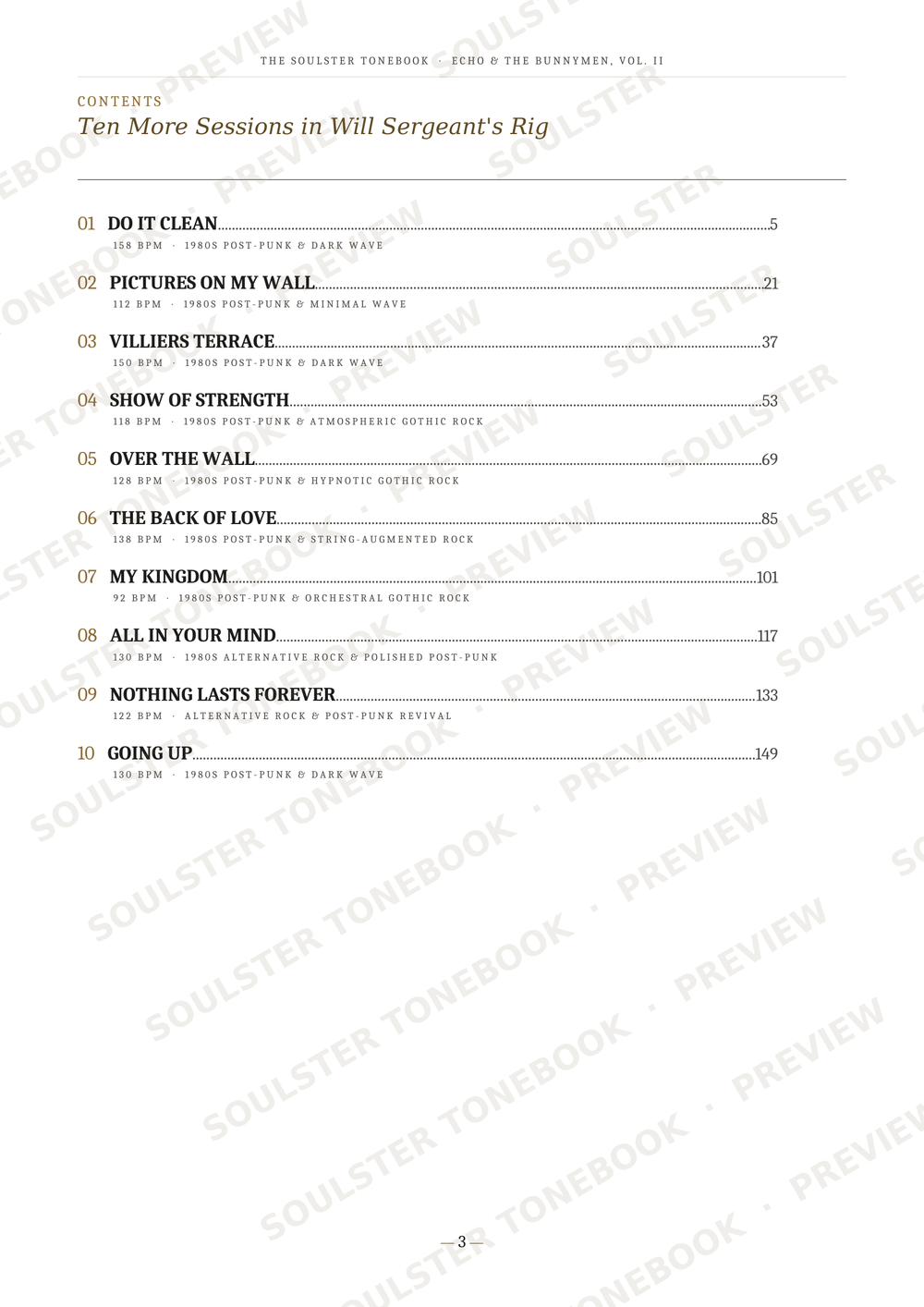 A printed table of contents page from Soulster's 'Ten More Sessions in Will Sergeant's Rig' book, showing chapter titles, page numbers, and a page number of 72 at the bottom.