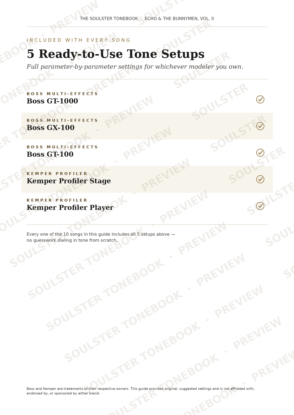 A digital preview page for a software guide titled '5 Ready-to-Use Tone Setsups' by The Soulster, showing compatibility lists for Boss multi-effects units and Kemper profiles with checkmarks on a white background with diagonal watermarks.