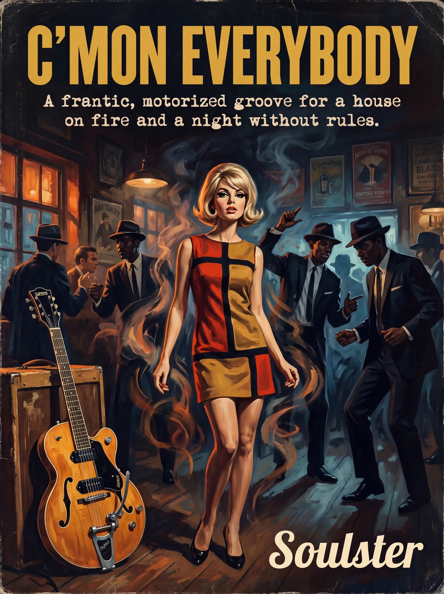 Soulster cinematic vintage pulp book cover art print illustration styled in a classic 1960s theme inspired by C'mon Everybody.