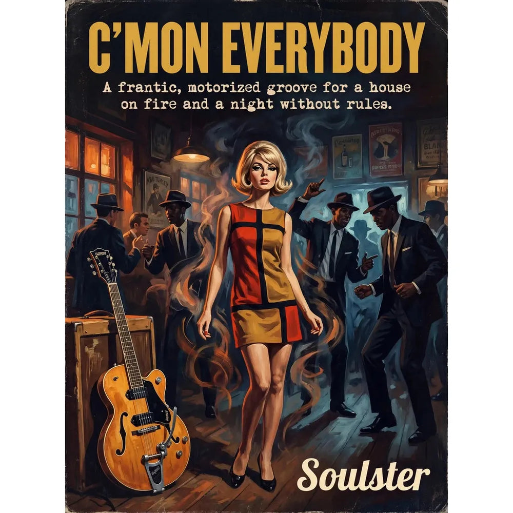 Soulster cinematic vintage pulp book cover art print illustration styled in a classic 1960s theme inspired by C'mon Everybody.