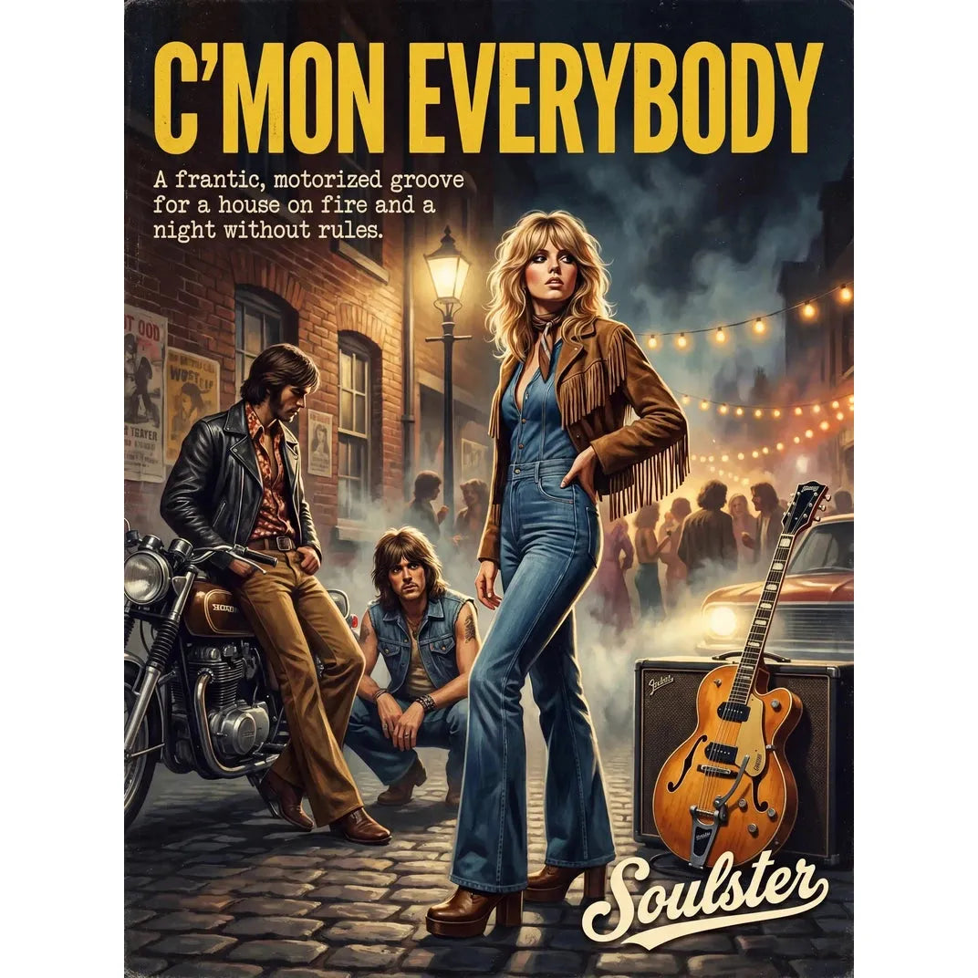 Soulster cinematic vintage pulp book cover art print illustration styled in a classic 1970s theme inspired by C'mon Everybody.