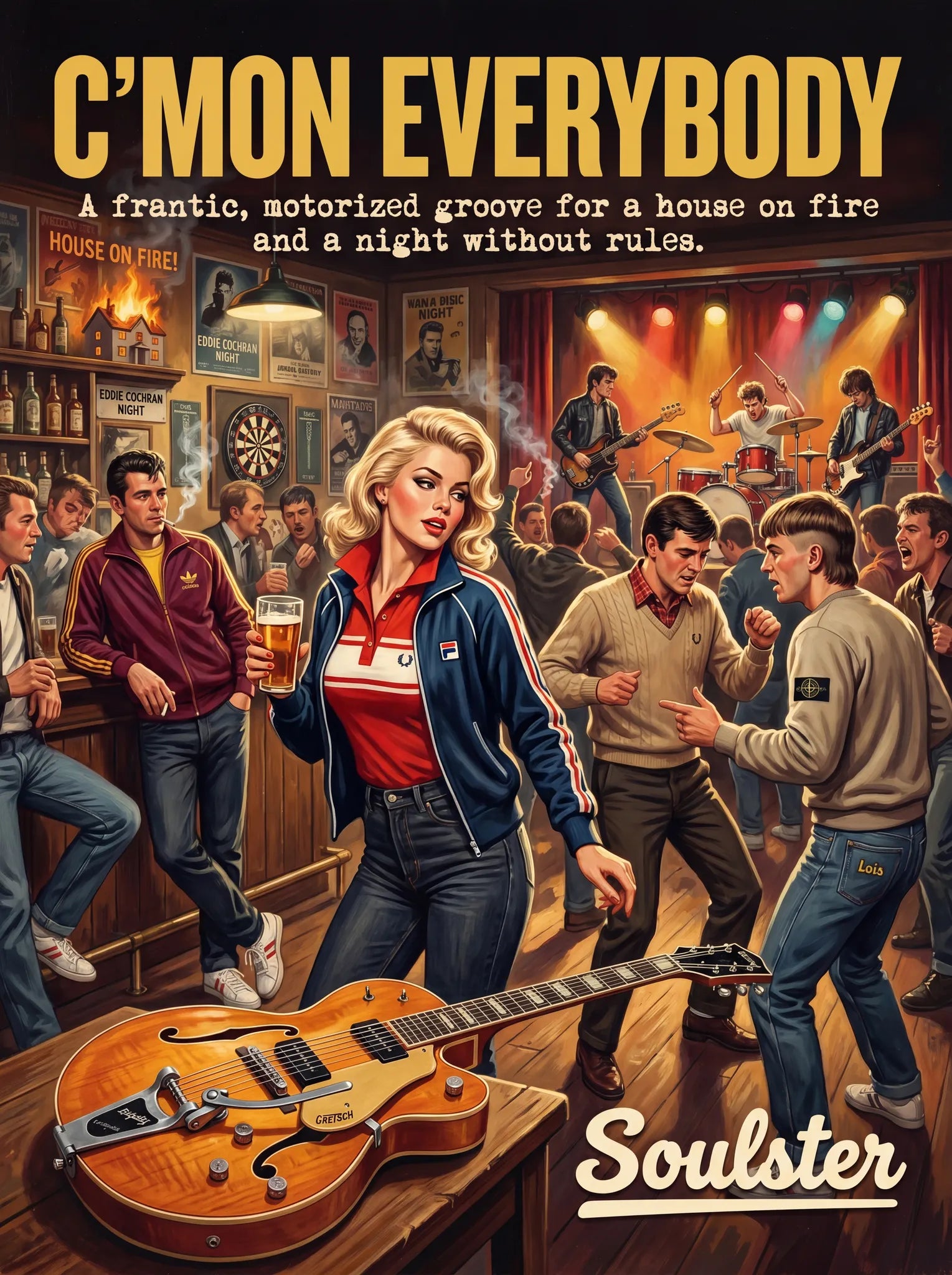 Soulster retro pulp thriller book cover style art print illustration inspired by Alternative Indie - C'Mon Everybody.