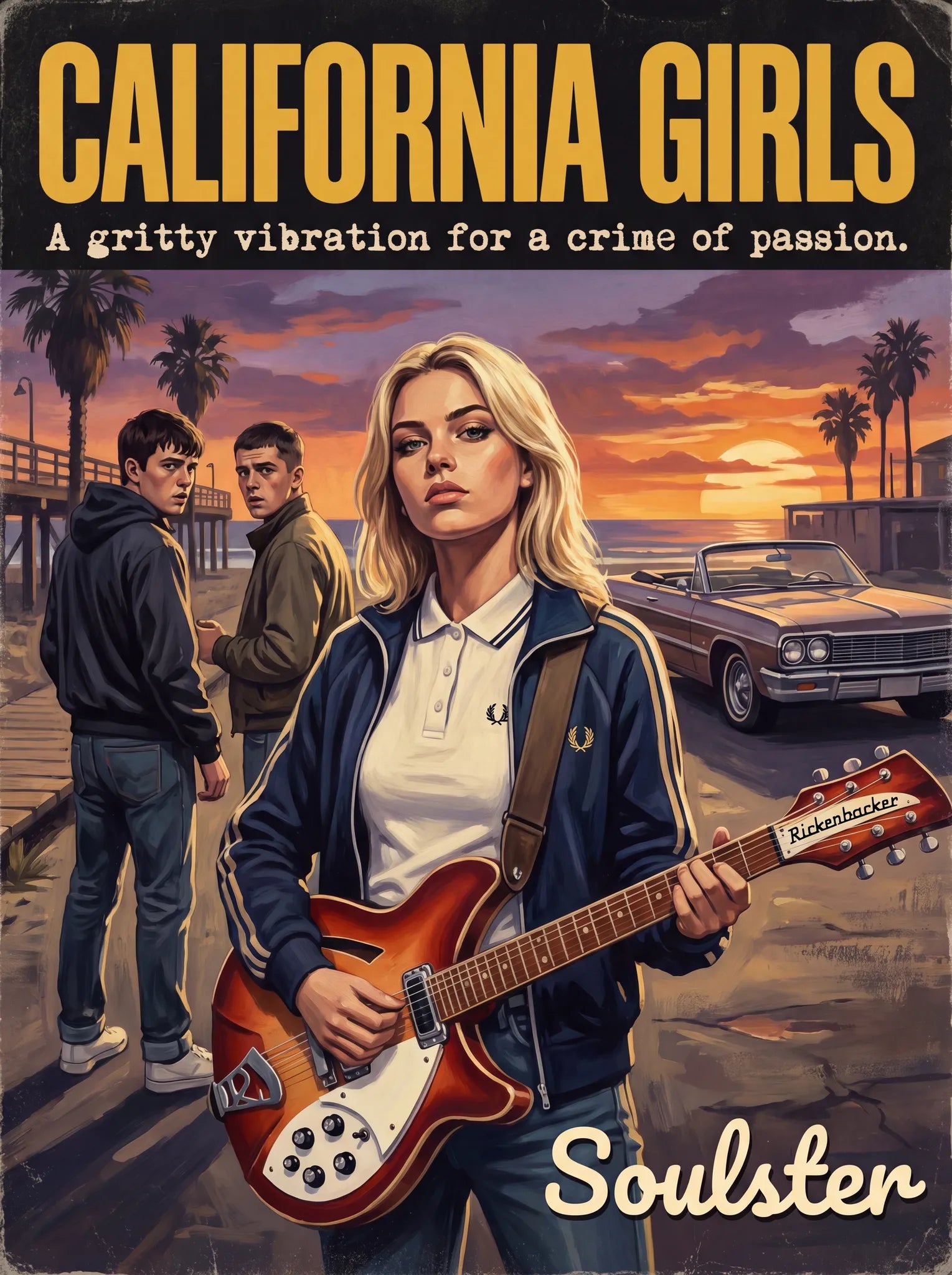 Soulster retro pulp thriller book cover style art print illustration inspired by Alternative Indie - California Girls.