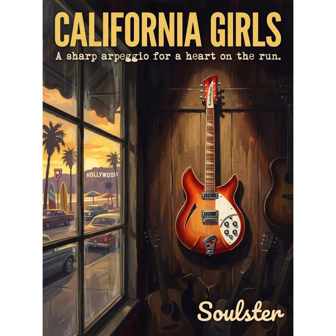 Soulster Manchester Edition wall art print showing a cinematic pulp style design of a Rickenbacker 330 inspired by California Girls - Los Angeles.