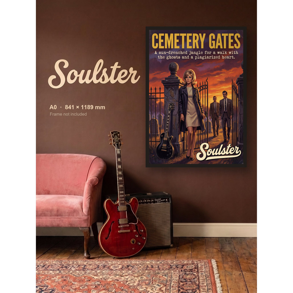 Cemetery Gates - 1960s Print shown framed on a wall in A0 size. Frame not included.