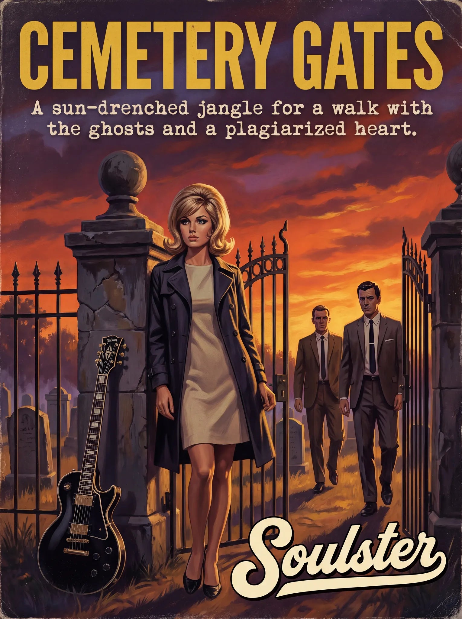 Soulster cinematic vintage pulp book cover art print illustration styled in a classic 1960s design layout inspired by Cemetery Gates.