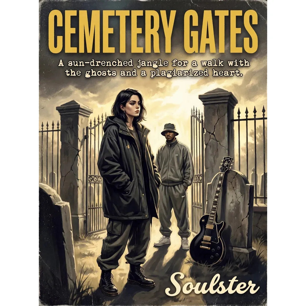 Soulster cinematic vintage pulp book cover art print illustration styled in a classic 1990s design layout inspired by Cemetery Gates.