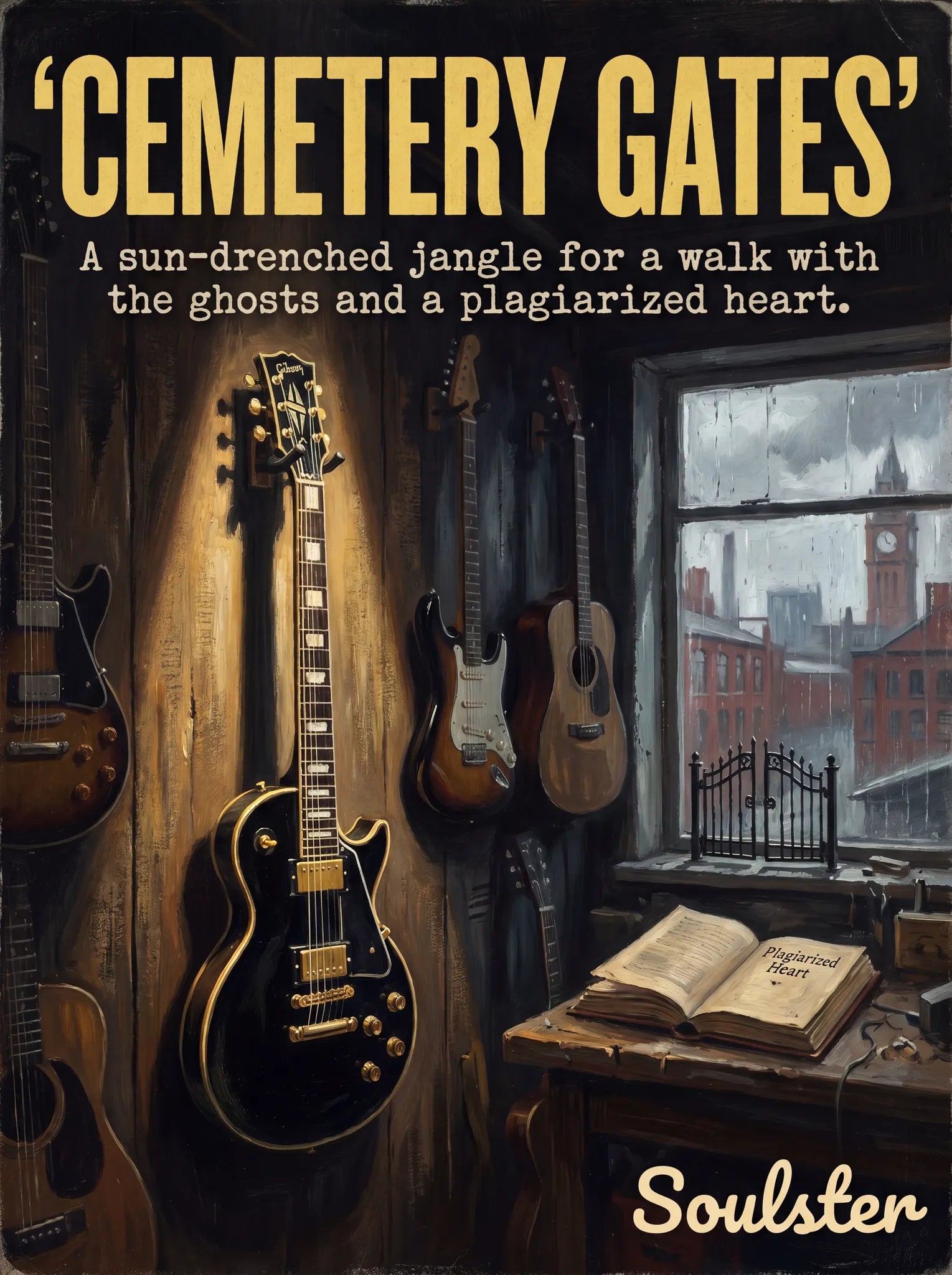 Soulster Manchester Edition wall art print showing a cinematic pulp style design of a Gibson Les Paul Custom inspired by Cemetery Gates.