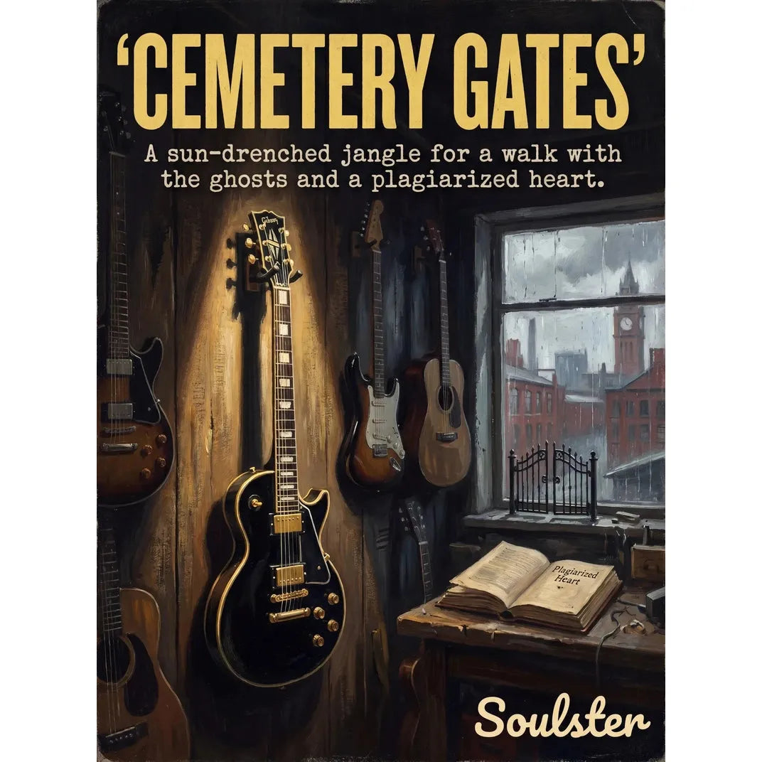 Soulster Manchester Edition wall art print showing a cinematic pulp style design of a Gibson Les Paul Custom inspired by Cemetery Gates.