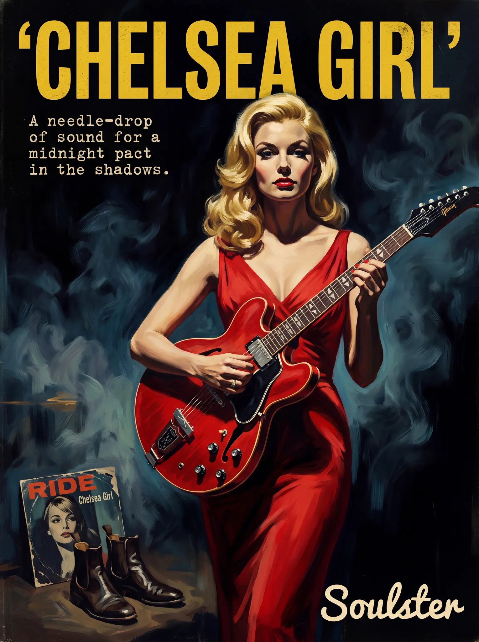 Soulster cinematic vintage pulp book cover art print illustration styled in a classic 1950s design layout inspired by Chelsea Girl.