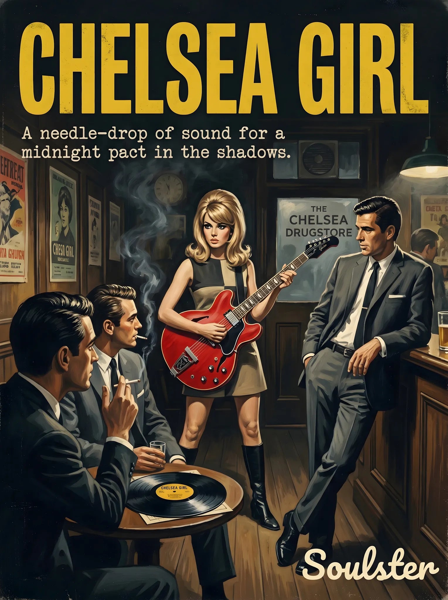 Soulster cinematic vintage pulp book cover art print illustration styled in a classic 1960s design layout inspired by Chelsea Girl.