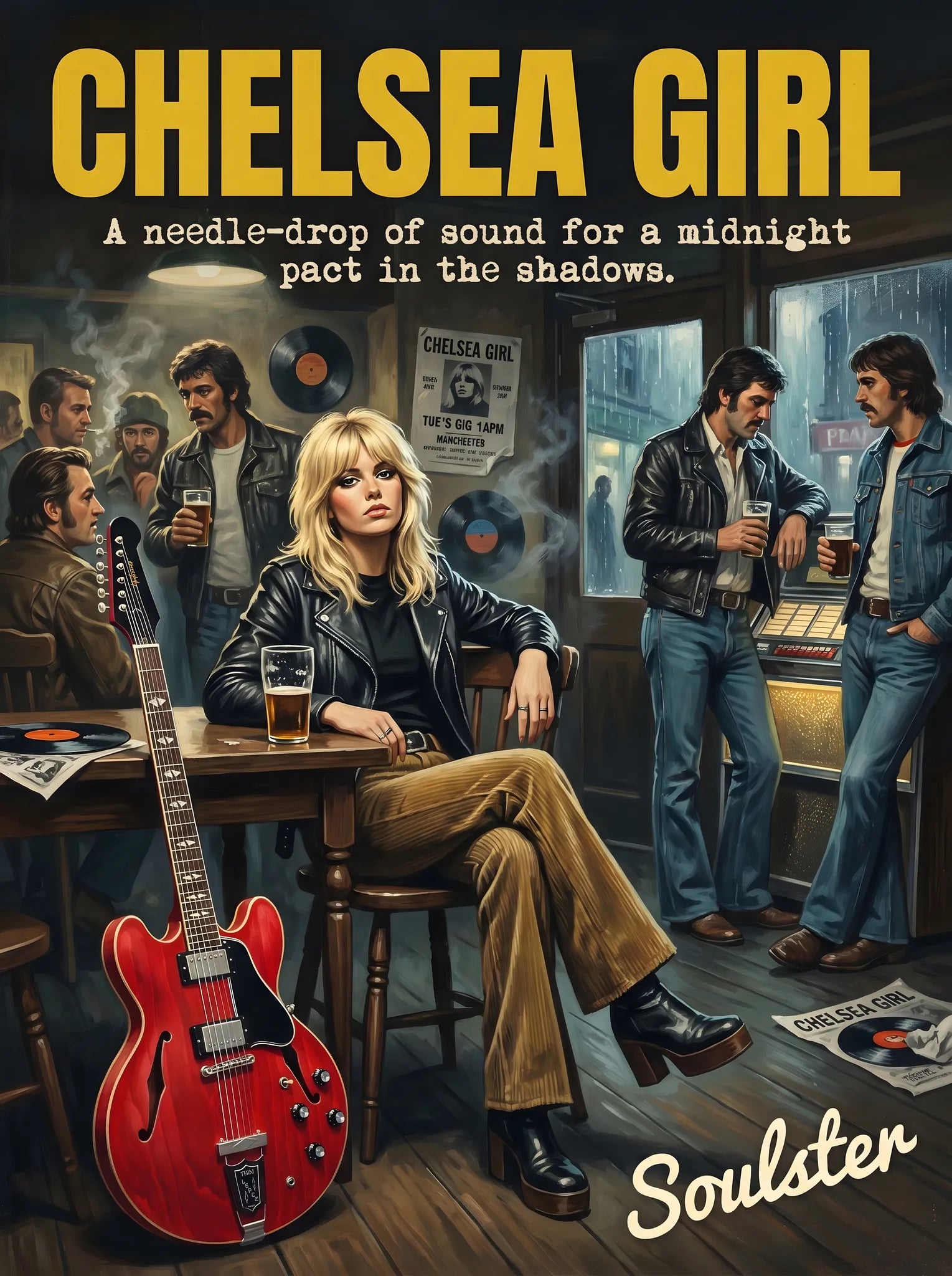 Soulster cinematic vintage pulp book cover art print illustration styled in a classic 1970s design layout inspired by Chelsea Girl.