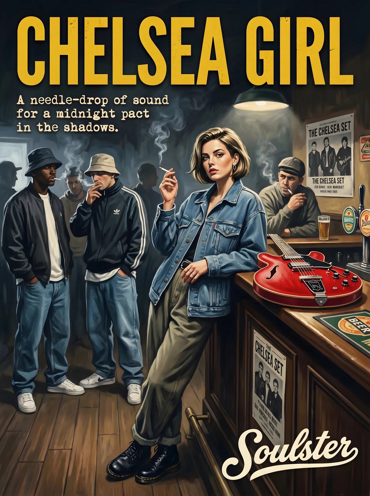 Soulster cinematic vintage pulp book cover art print illustration styled in a classic 1990s design layout inspired by Chelsea Girl.
