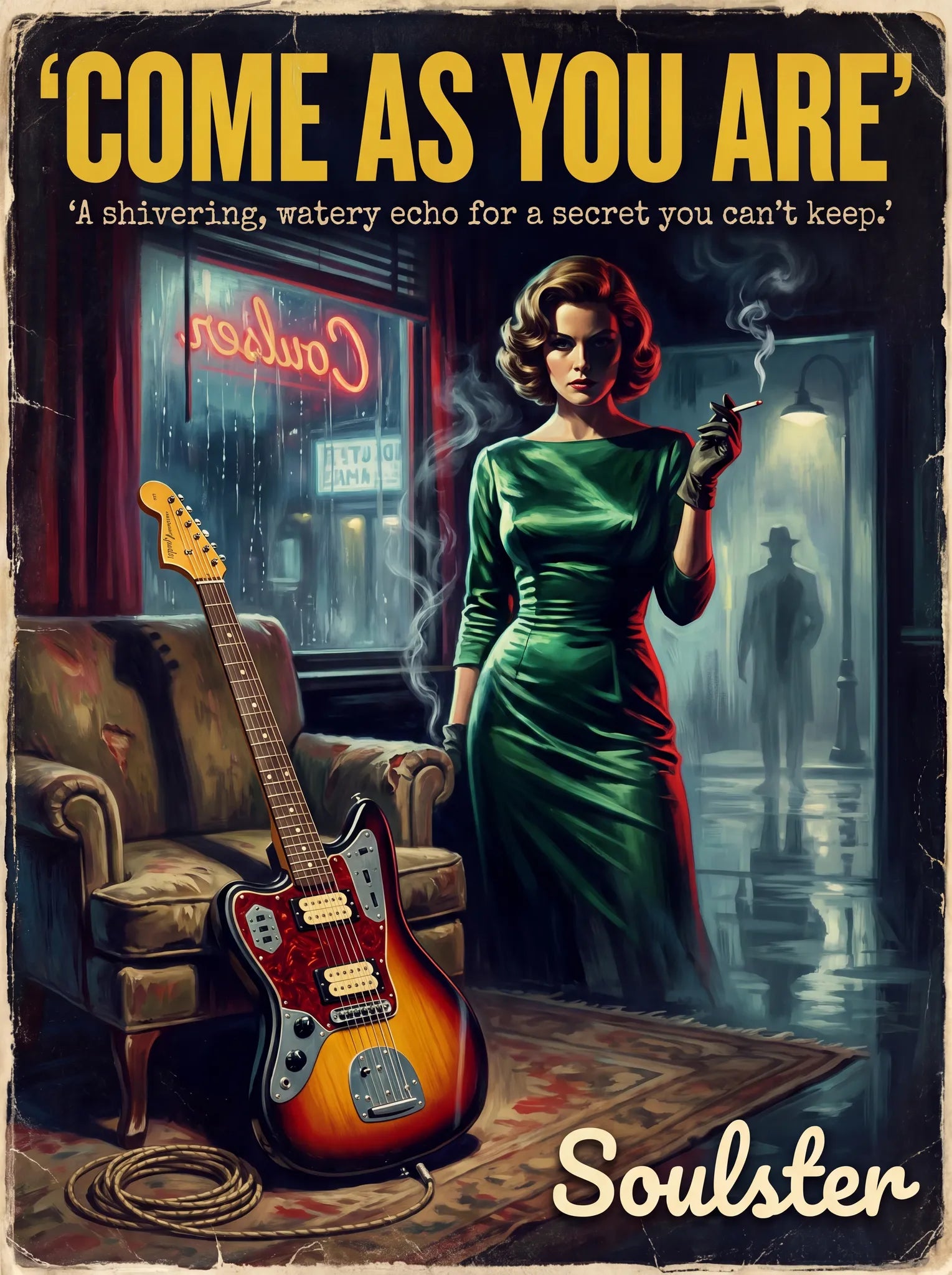 Soulster cinematic vintage pulp book cover art print illustration styled in a classic 1950s design layout inspired by Come As You Are.