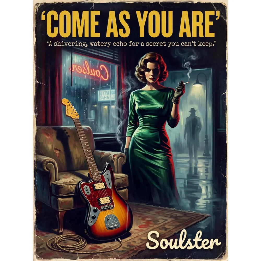 Soulster cinematic vintage pulp book cover art print illustration styled in a classic 1950s design layout inspired by Come As You Are.