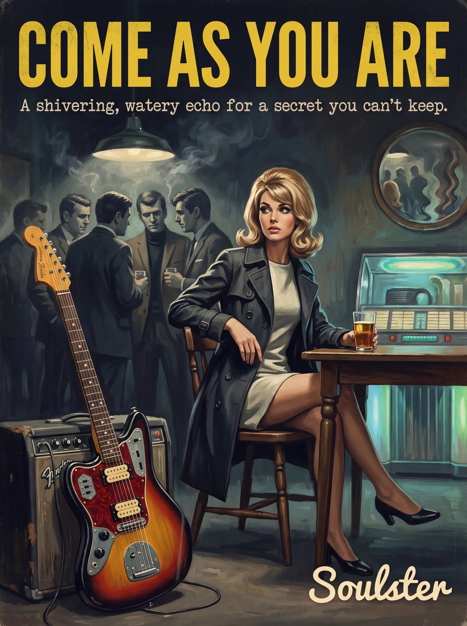 Soulster cinematic vintage pulp book cover art print illustration styled in a classic 1960s design layout inspired by Come As You Are.