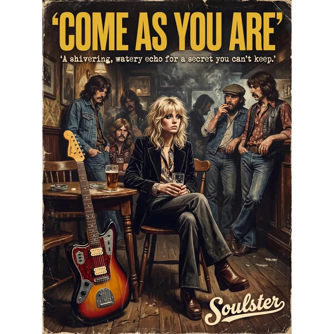 Soulster cinematic vintage pulp book cover art print illustration styled in a classic 1970s design layout inspired by Come As You Are.