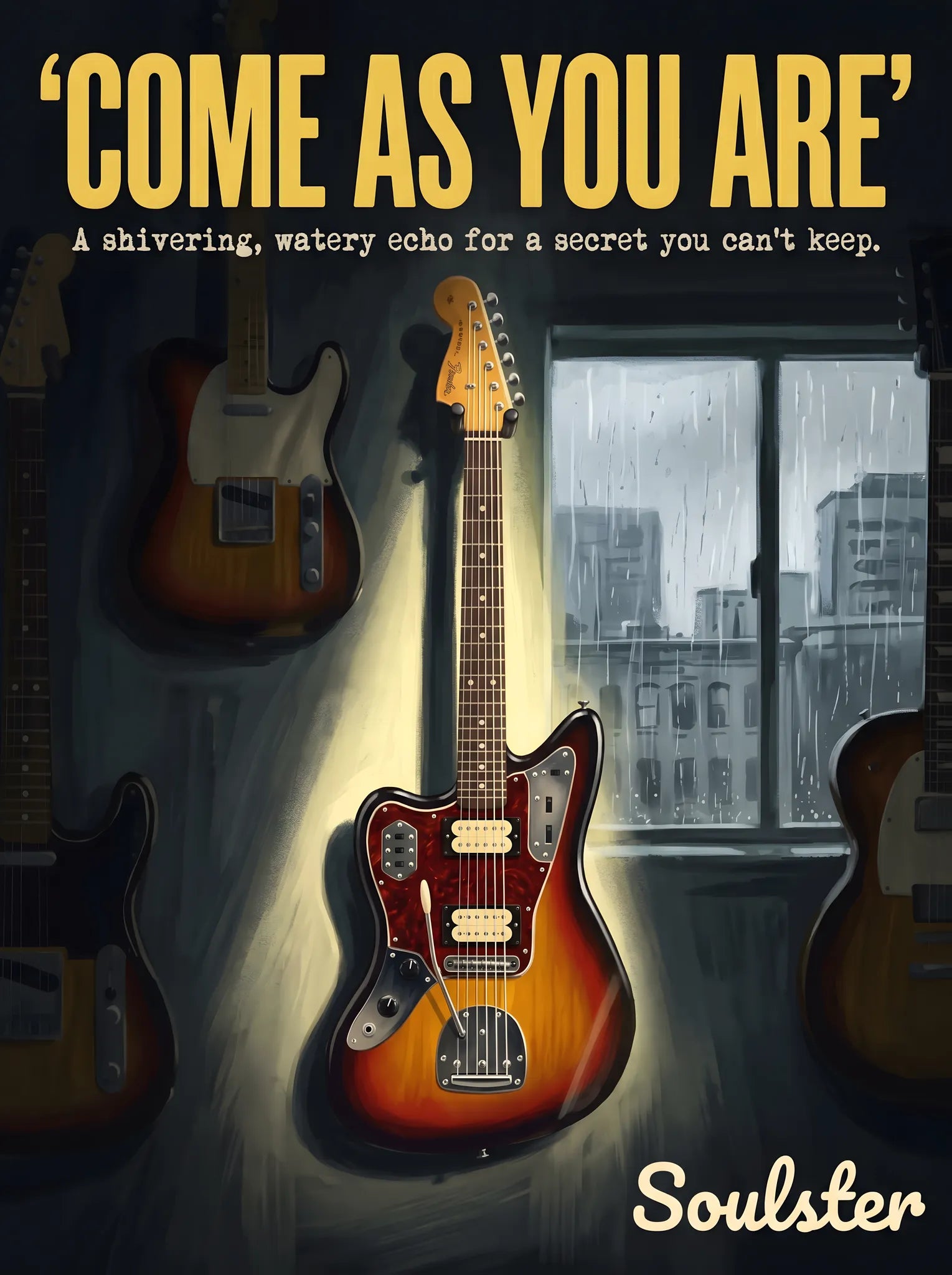Soulster Manchester Edition wall art print showing a cinematic pulp style design of a Vintage Guitar inspired by Come As You Are - Seattle.