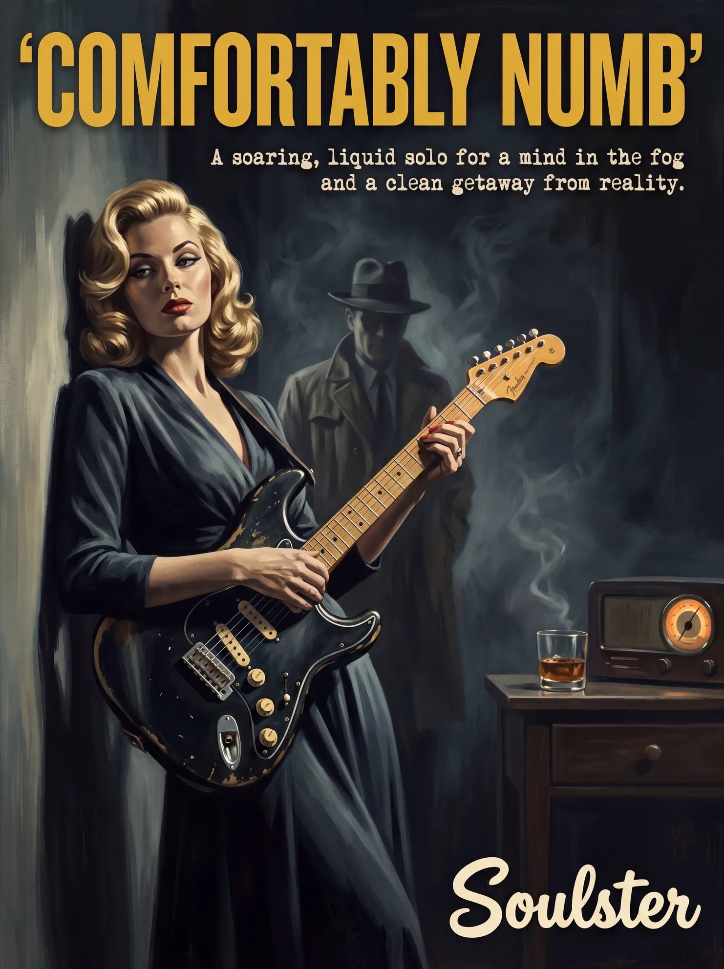 Soulster cinematic vintage pulp book cover art print illustration styled in a classic 1950s design layout inspired by Comfortably Numb.