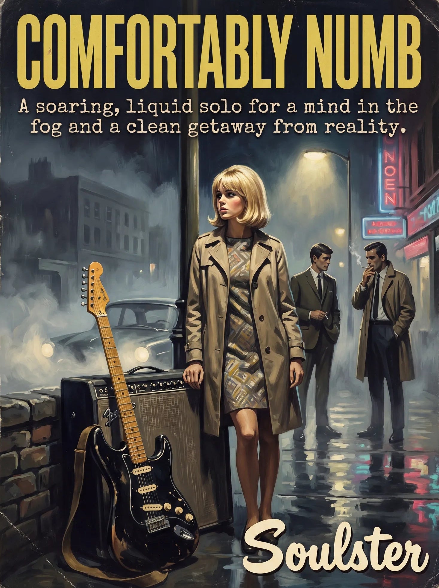 Soulster cinematic vintage pulp book cover art print illustration styled in a classic 1960s design layout inspired by Comfortably Numb.