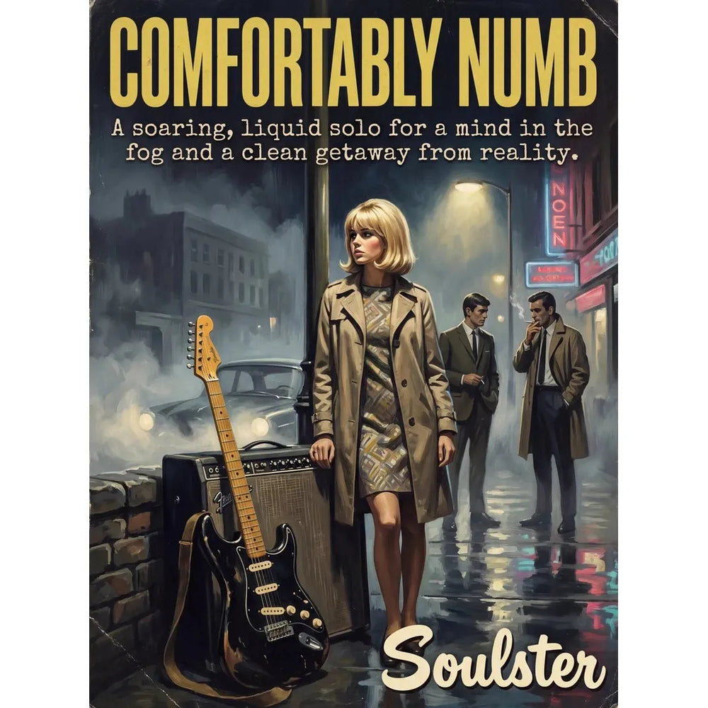 Soulster cinematic vintage pulp book cover art print illustration styled in a classic 1960s design layout inspired by Comfortably Numb.