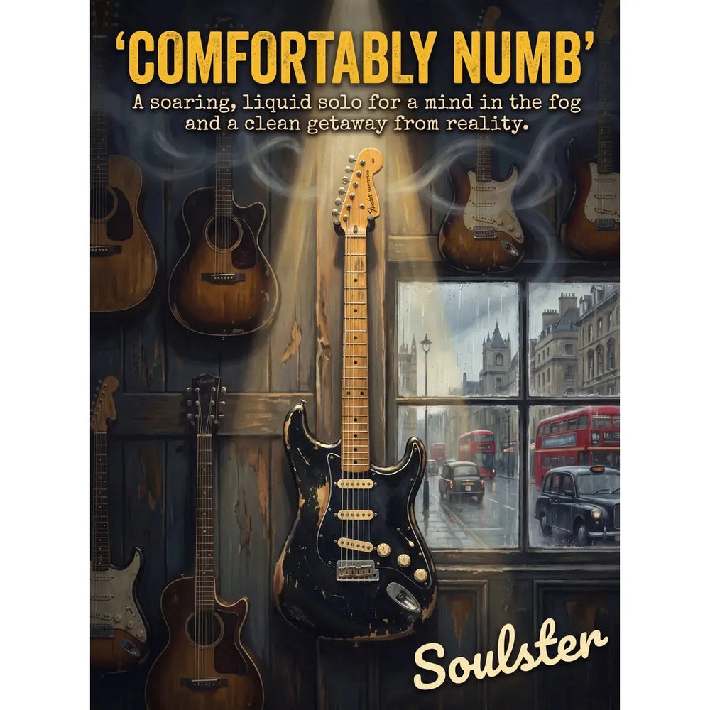 Soulster Manchester Edition wall art print showing a cinematic pulp style design of a Vintage Guitar inspired by Comfortably Numb - London.