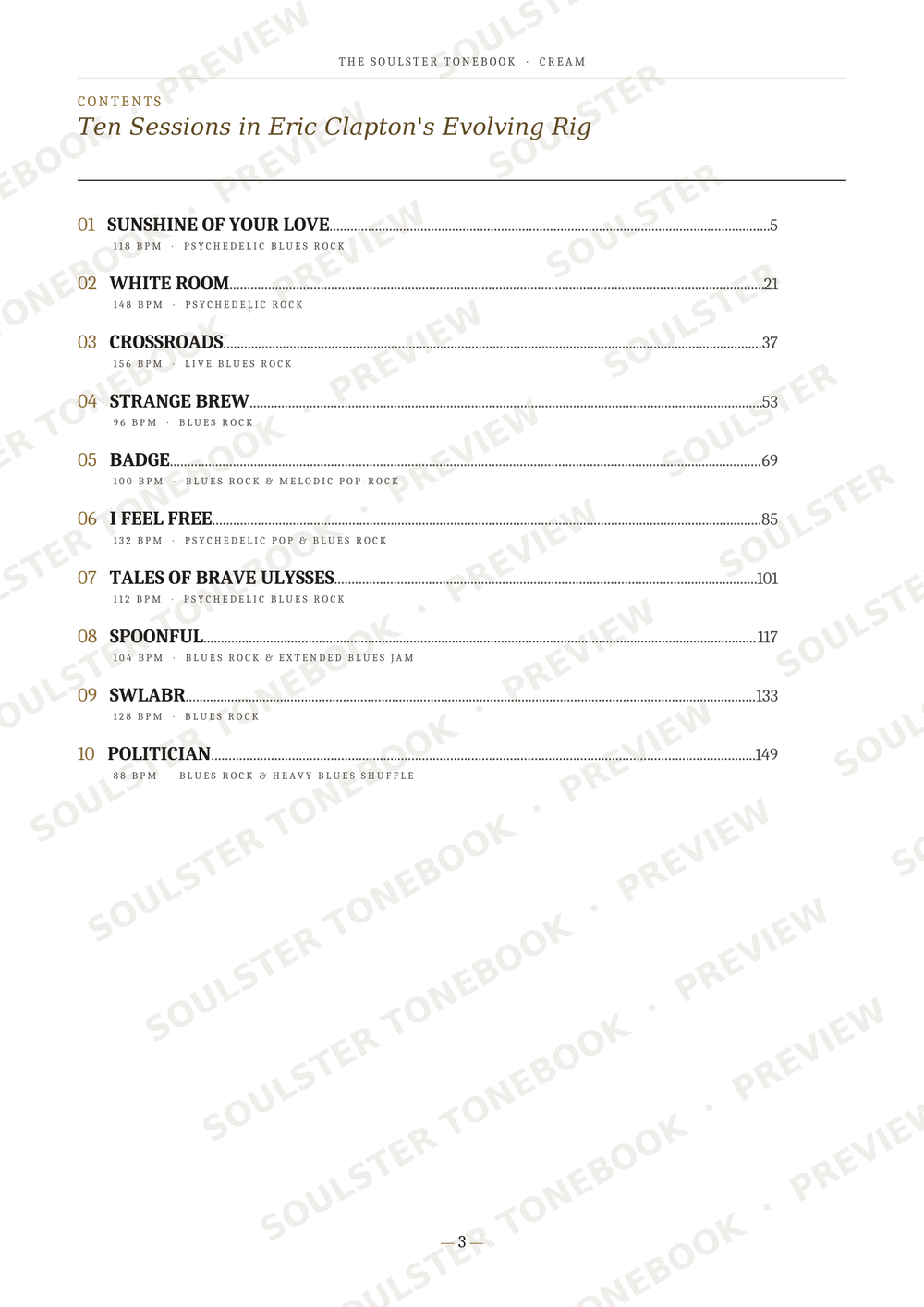 A printed table of contents page from a book titled "Ten Sessions in Eric Clapton's Evolving Rig" with song titles, page numbers, and repeated Soulster Tonebook preview watermarks across the page.