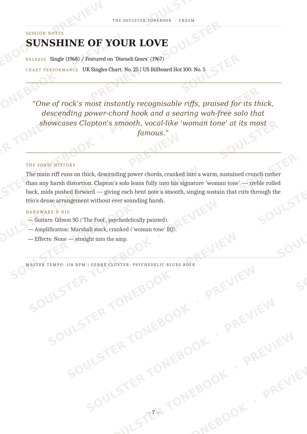 A printed page from a music book or liner notes cover featuring the title 'SUNSHINE OF YOUR LOVE,' artist text, a quote, track history, and performance details on a white background with repeated diagonal watermark text.