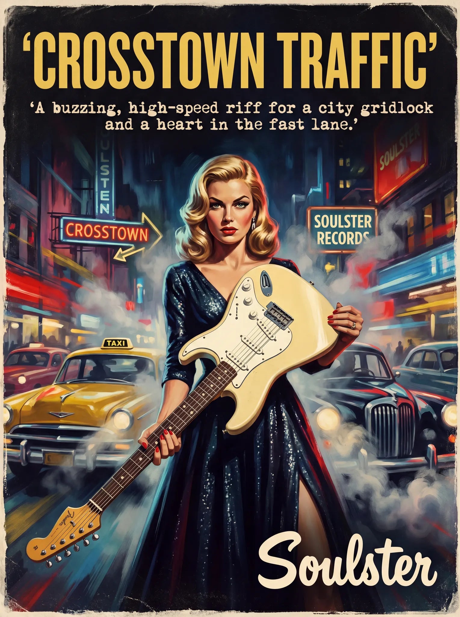 Soulster cinematic vintage pulp book cover art print illustration styled in a classic 1950s design layout inspired by Crosstown Traffic.