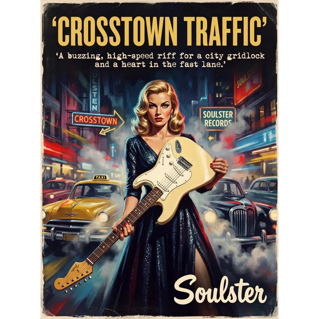 Soulster cinematic vintage pulp book cover art print illustration styled in a classic 1950s design layout inspired by Crosstown Traffic.