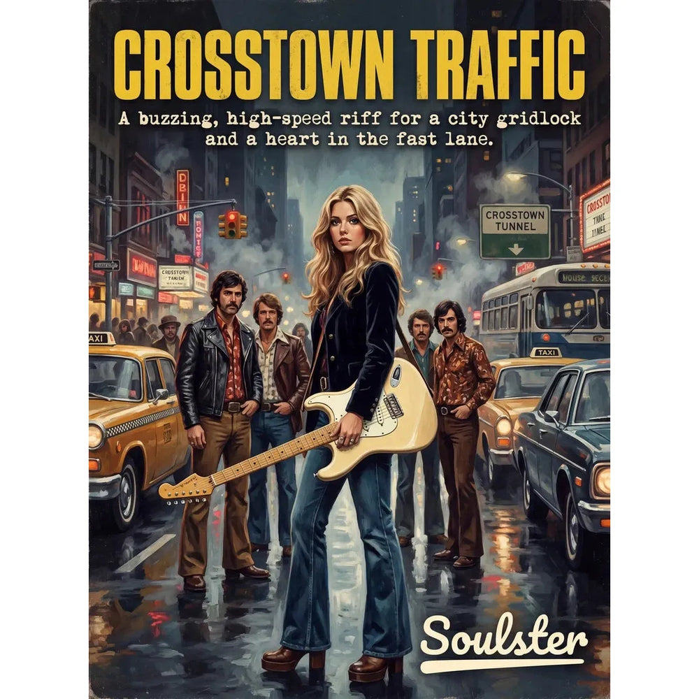 Soulster cinematic vintage pulp book cover art print illustration styled in a classic 1970s design layout inspired by Crosstown Traffic.