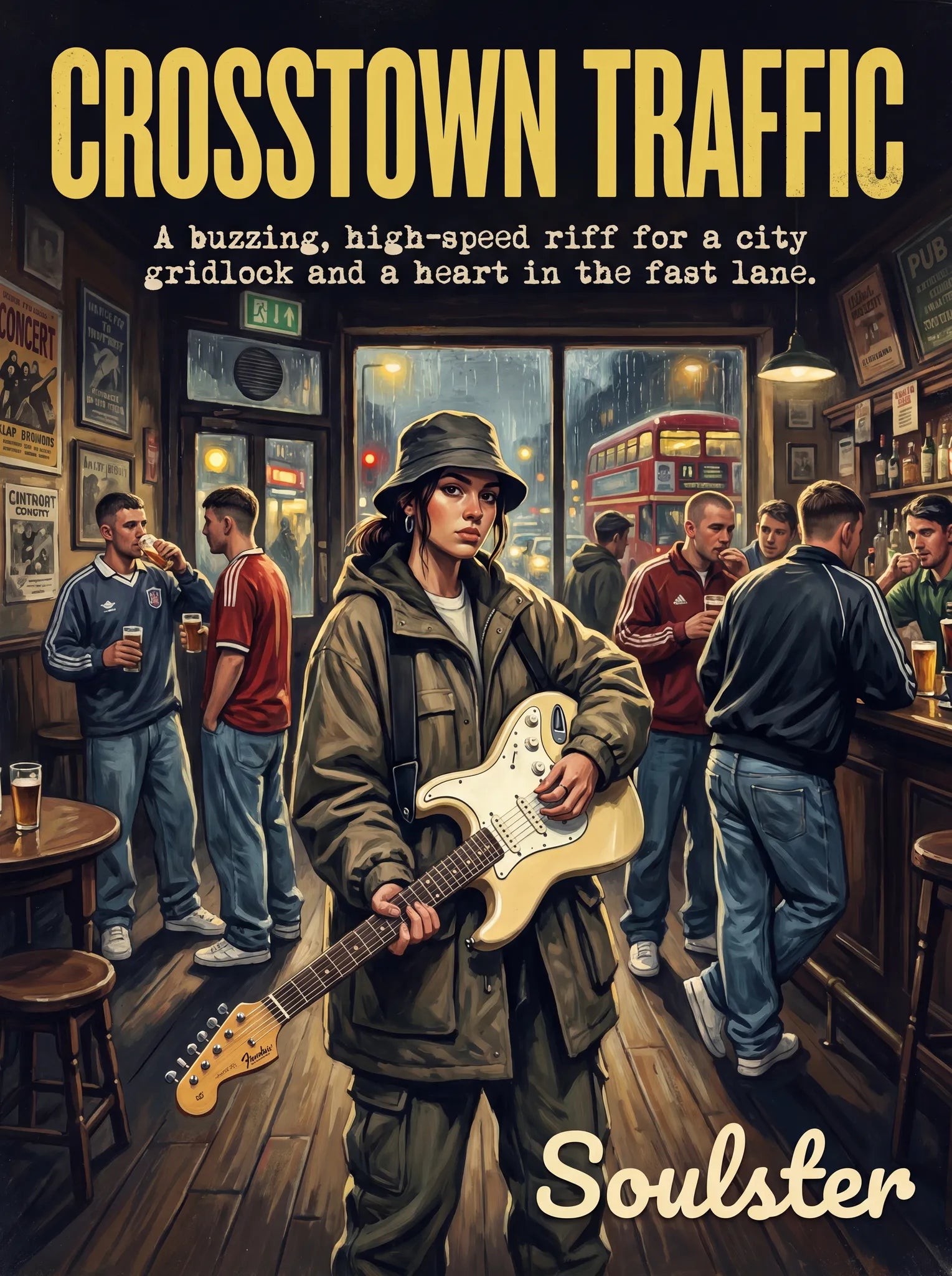 Soulster cinematic vintage pulp book cover art print illustration styled in a classic 1990s design layout inspired by Crosstown Traffic.
