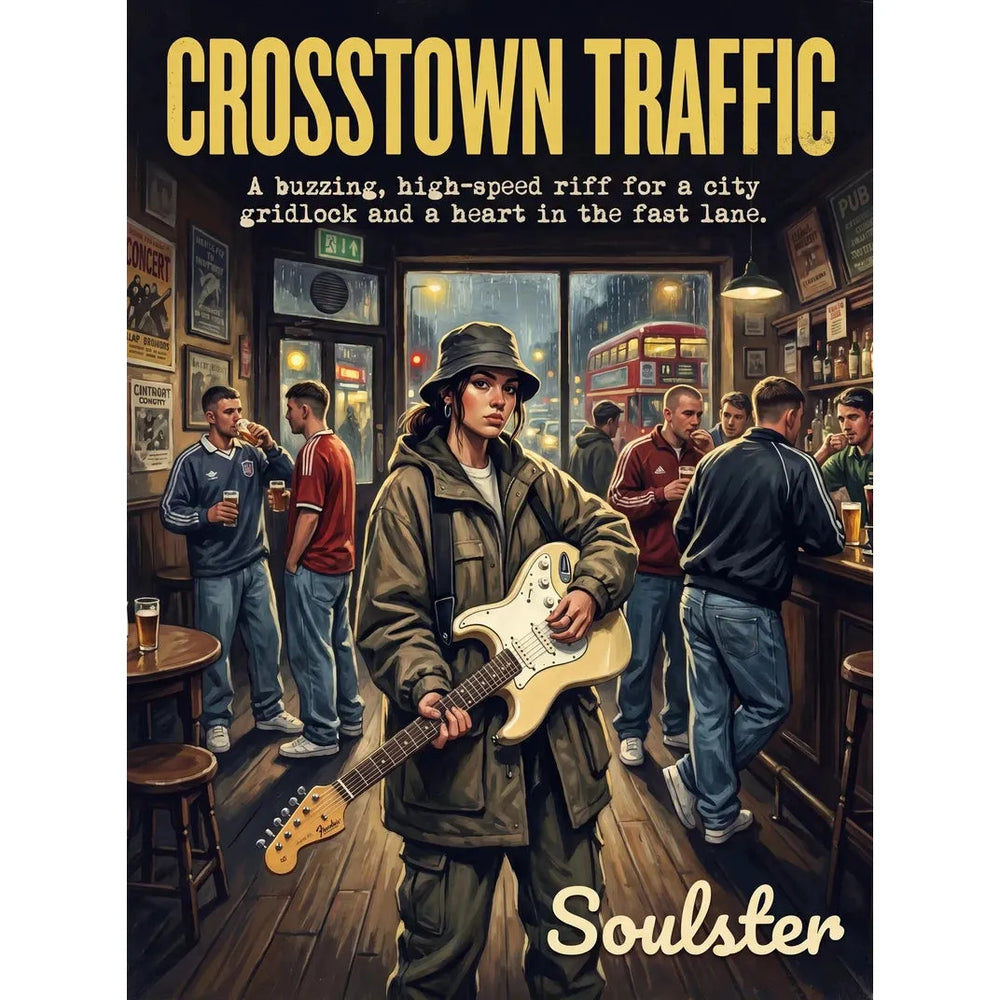 Soulster cinematic vintage pulp book cover art print illustration styled in a classic 1990s design layout inspired by Crosstown Traffic.