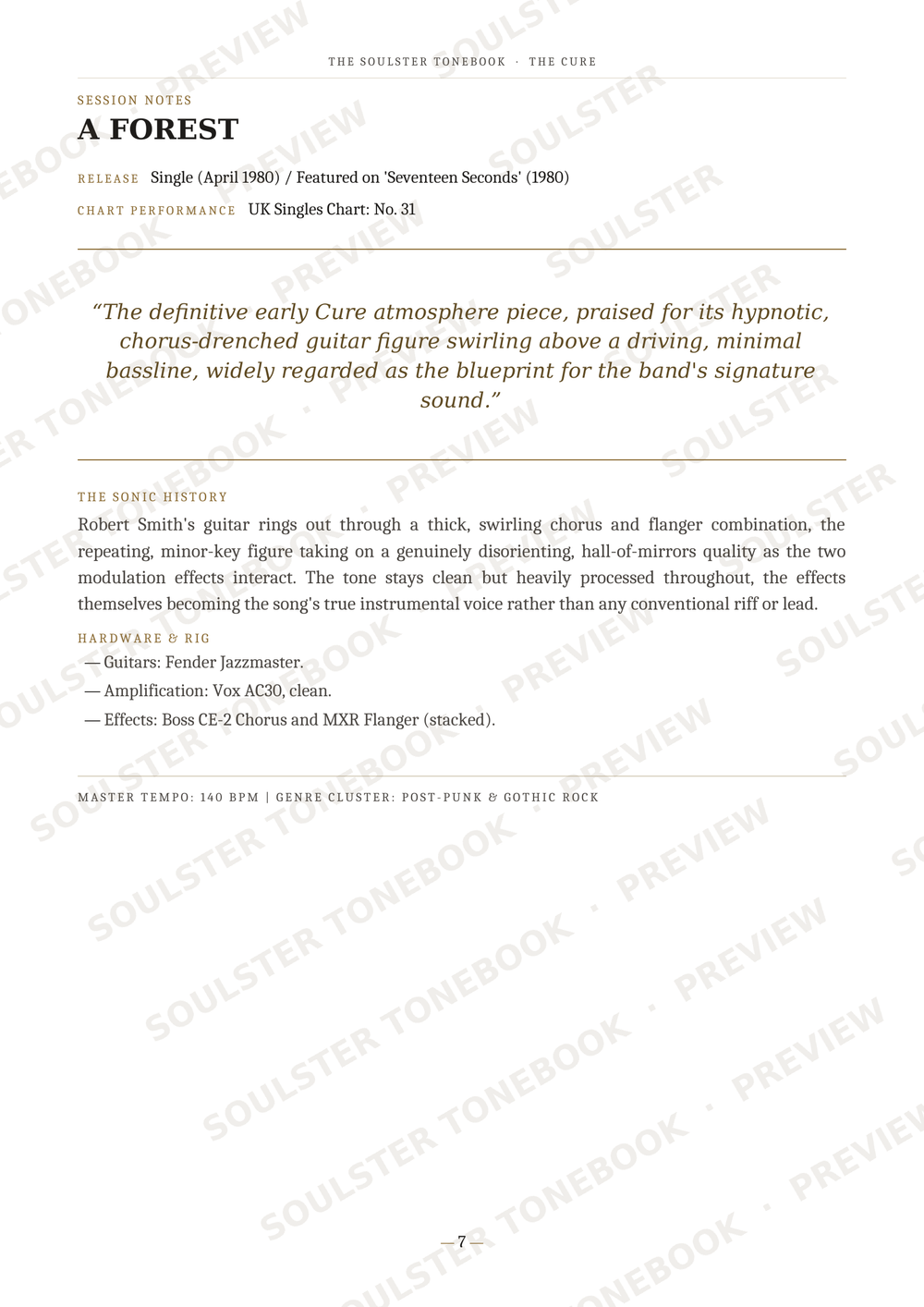 A single-page music book or article page with the title 'A FOREST' at the top, a quote in the center, and text sections about the sonic history and hardware of Bob Brookmeyer's instrument. The page is mostly white with black text and diagonal watermark text across the image.