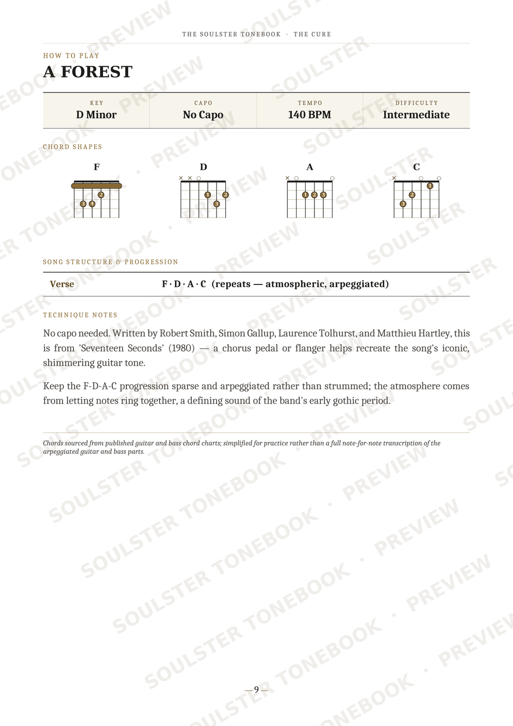 A page from a guitar instruction book titled 'A FOREST' by The Solaster Sordundo and The Cure, showing chord diagrams for F, D, A, and C, along with song structure and technique notes.