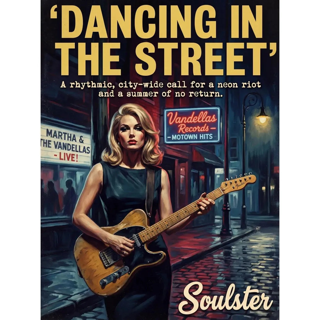 Soulster cinematic vintage pulp book cover art print illustration styled in a classic 1950s theme inspired by Dancing In The Street.