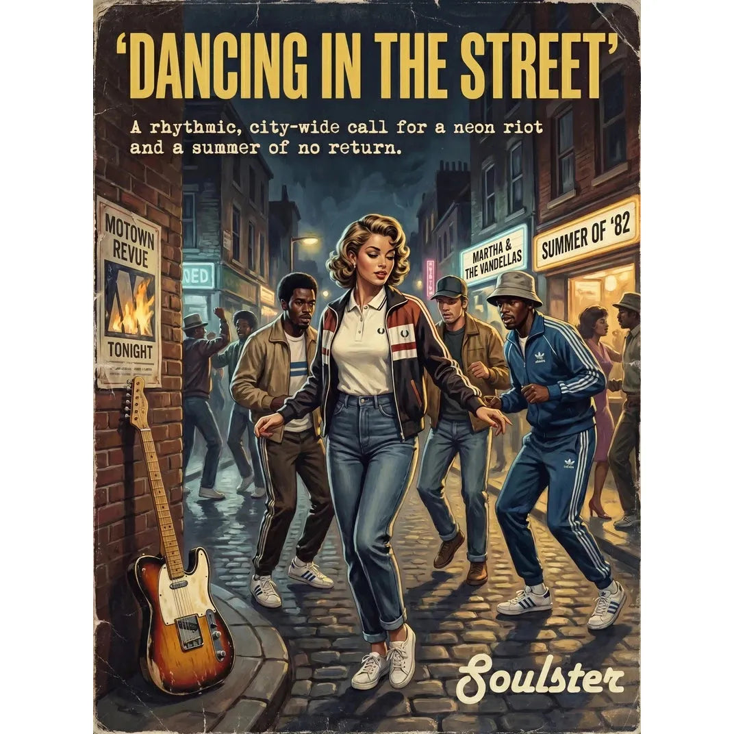 Soulster retro pulp thriller book cover style art print illustration inspired by Alternative Indie - Dancing In The Street.