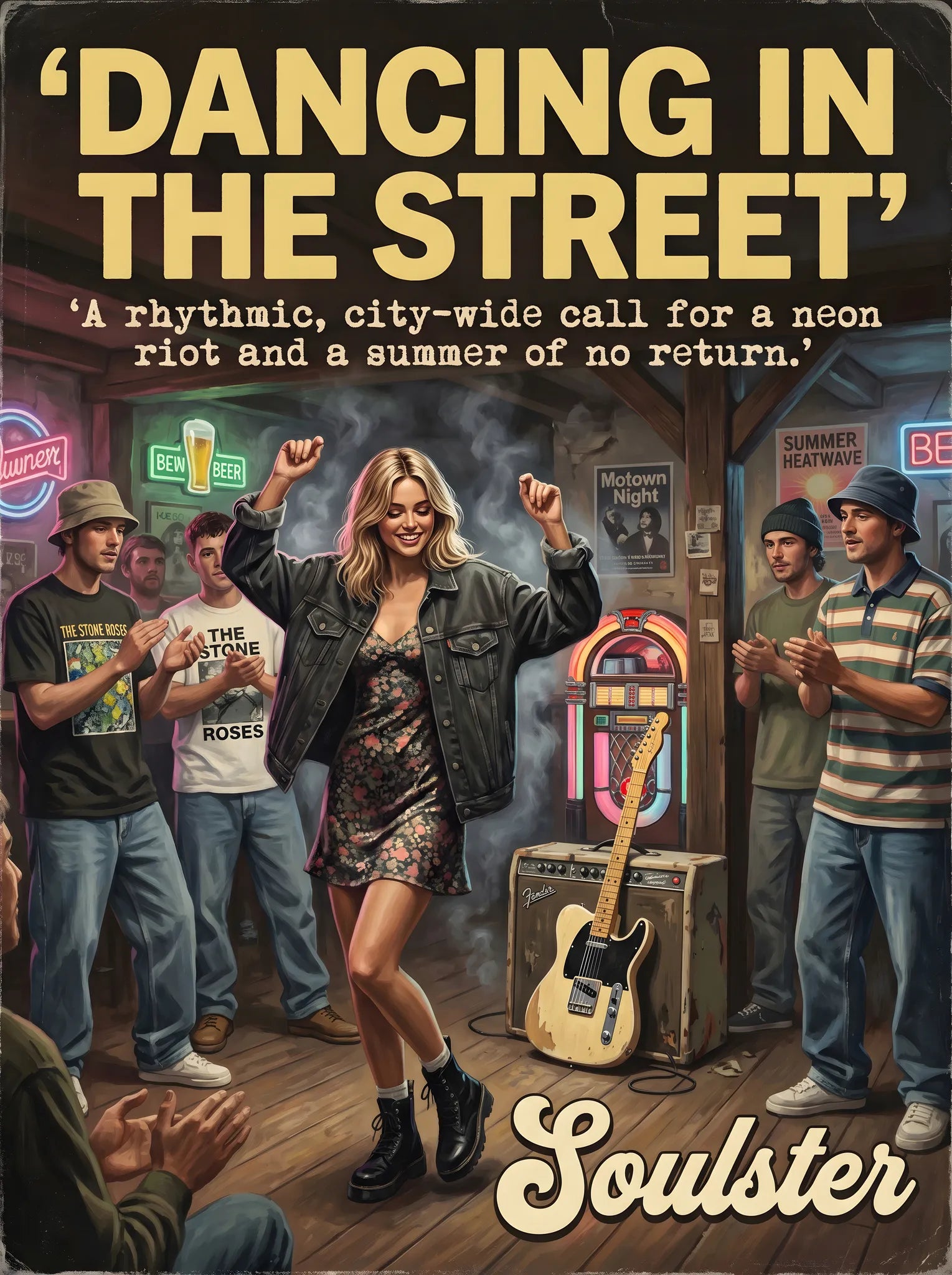 Soulster cinematic vintage pulp book cover art print illustration styled in a classic 1990s theme inspired by Dancing In The Street.