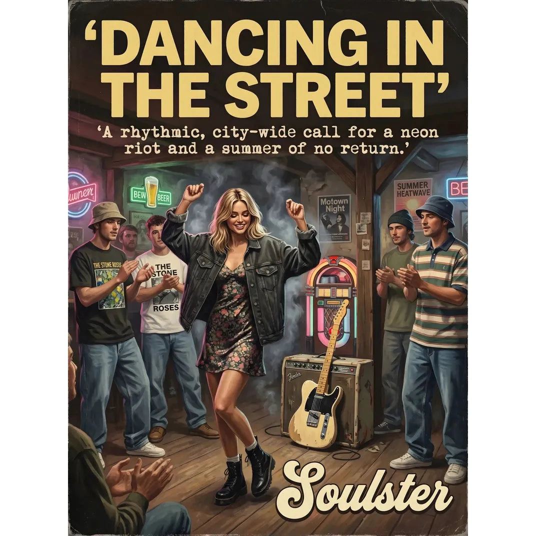 Soulster cinematic vintage pulp book cover art print illustration styled in a classic 1990s theme inspired by Dancing In The Street.