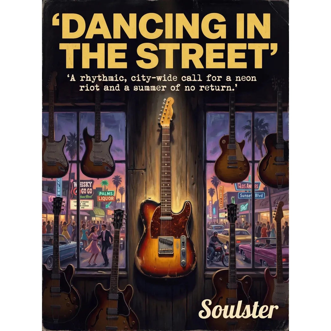 Soulster Manchester Edition wall art print showing a cinematic pulp style design of a Vintage Guitar inspired by Dancing In The Street - Los Angeles.