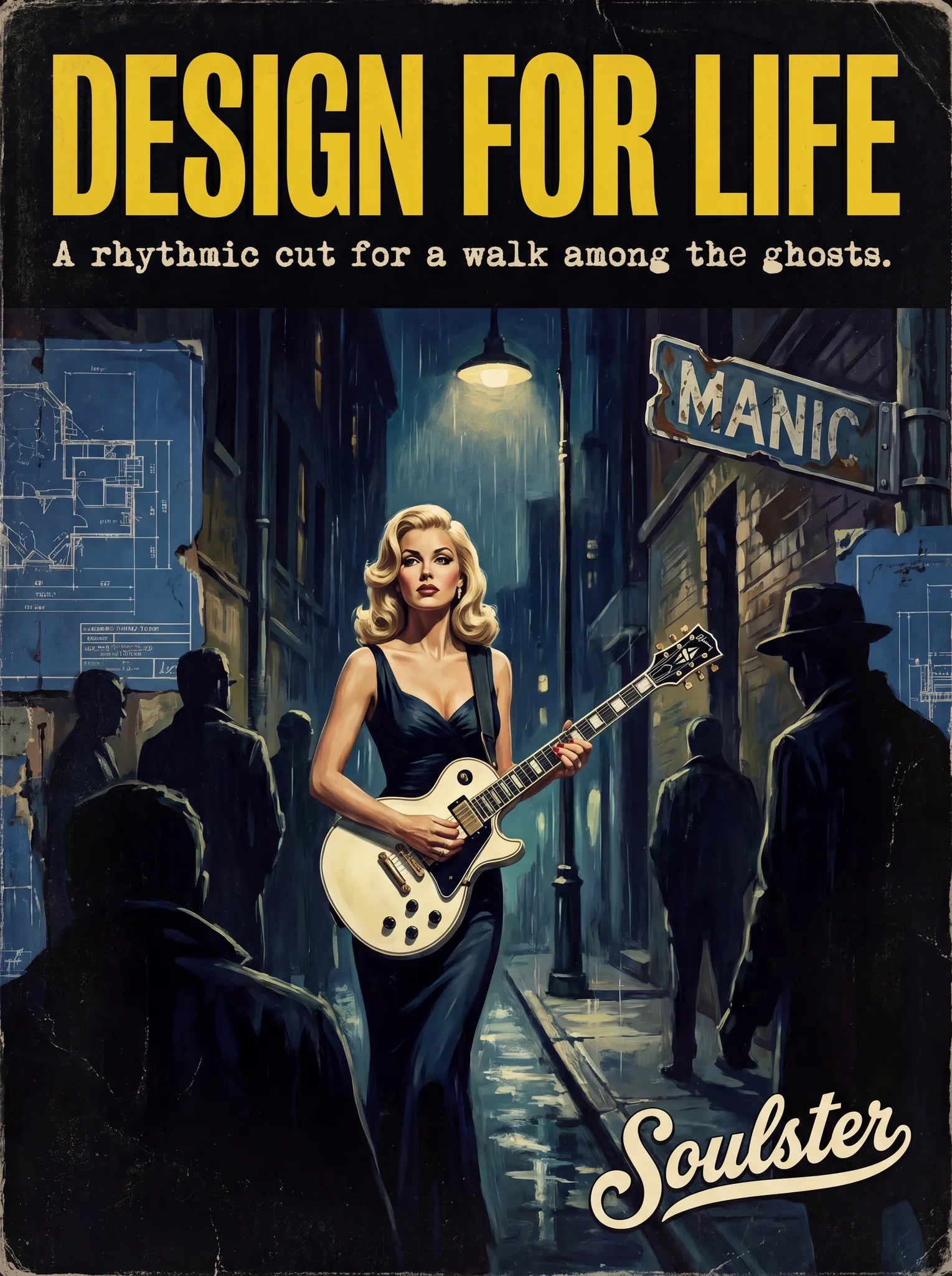 Soulster cinematic vintage pulp book cover art print illustration styled in a classic 1950s design layout inspired by Design For Life.